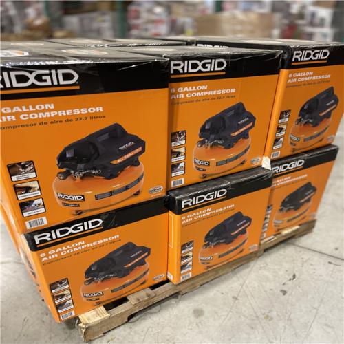 DALLAS LOCATION- NEW! RIDGID 6 Gal. 150 PSI Portable Electric Oil-Free Jobsite Pancake Air Compressor with Dual Pressure Gauges and 2-Quick Couplers PALLET -(12 UNITS)