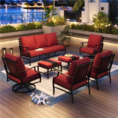 Phoenix NEW PHI VILLA Black Meshed 9-Seat 7-Piece Metal Outdoor Patio Conversation Set with Red Cushions 2 Swivel Chairs and 2 Ottomans