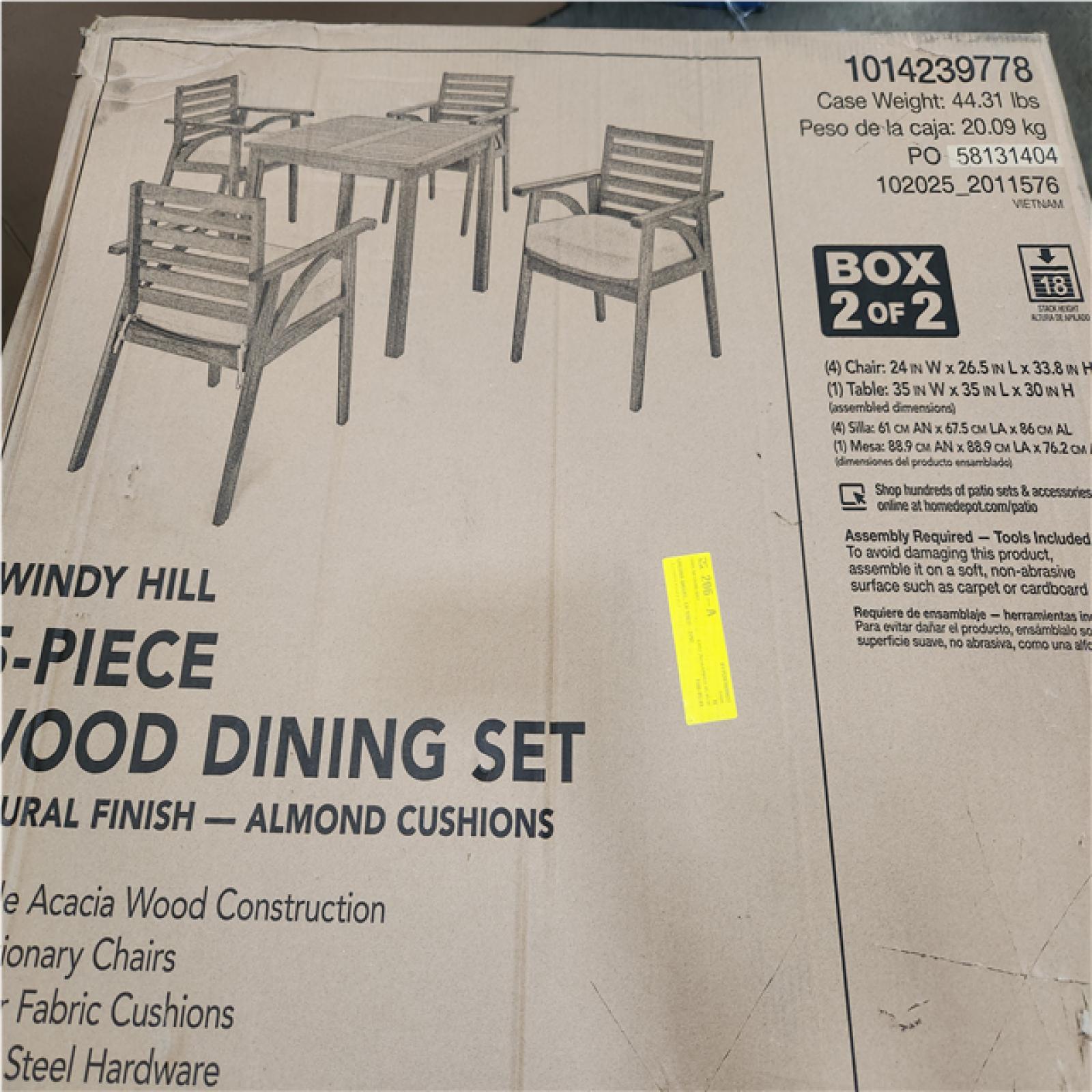 Phoenix NEW Hampton Bay Windy Hill 5-Piece Acacia Wood Outdoor Dining Set with CushionGuard Almond Biscotti Cushions