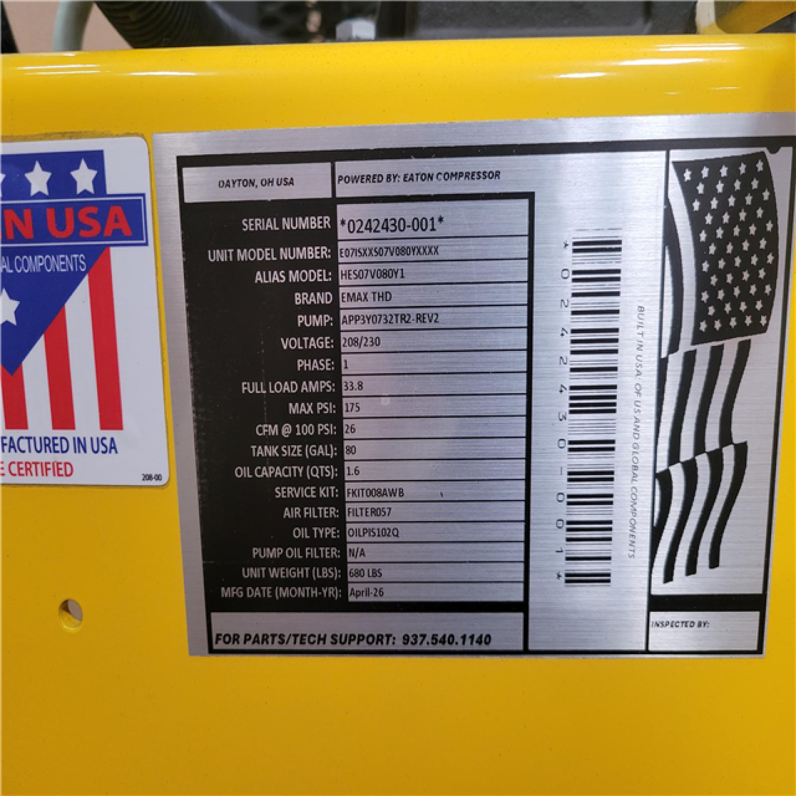 CALIFORNIA AS-IS EMAX 80 GAL. 175 PSI SILENT AIR ELECTRIC AIR COMPRESSOR WITH ISOLATOR PADS
