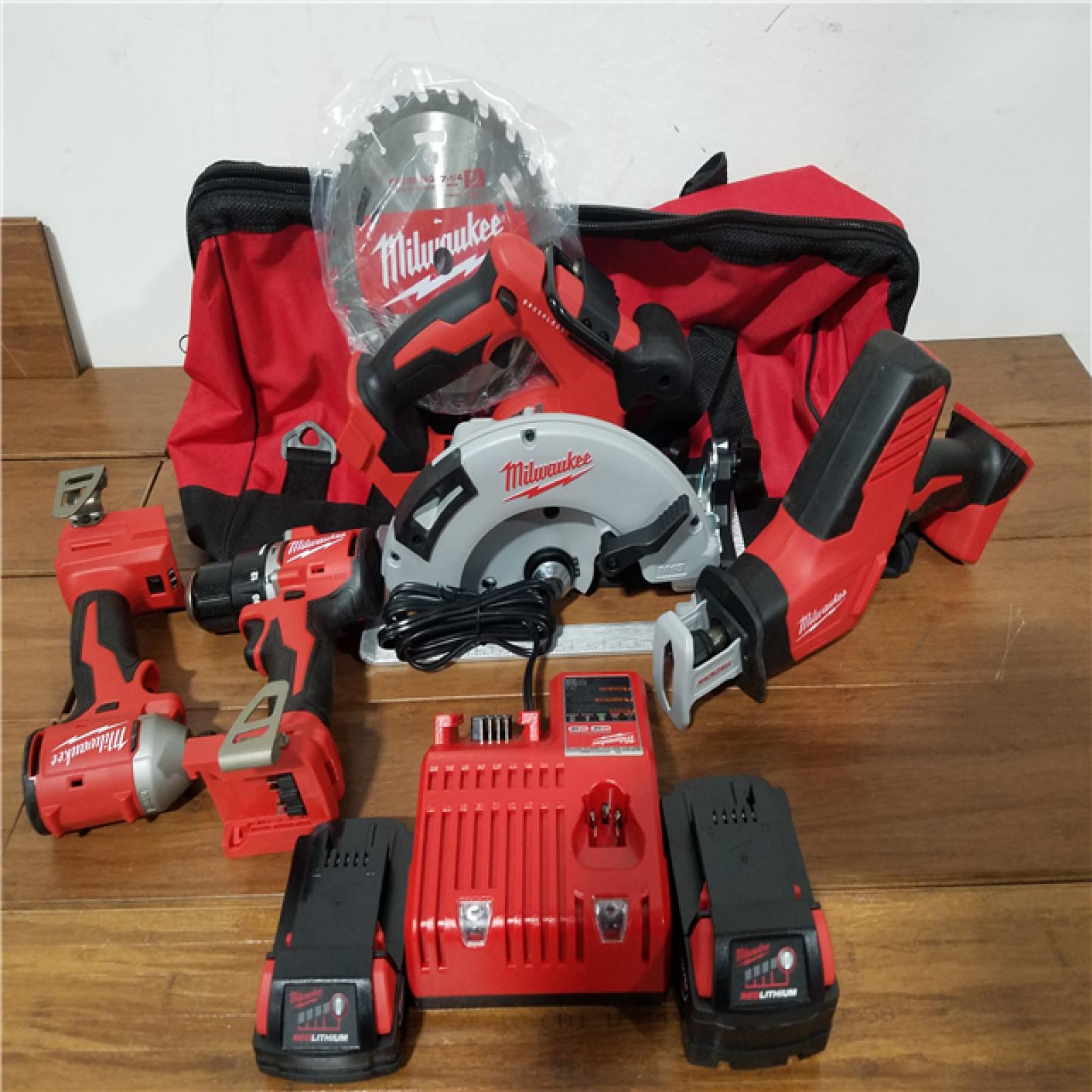 California AS-IS Milwaukee M18 4-Tool Combo Kit  Includes (2) Batteries  Charger & Bag
