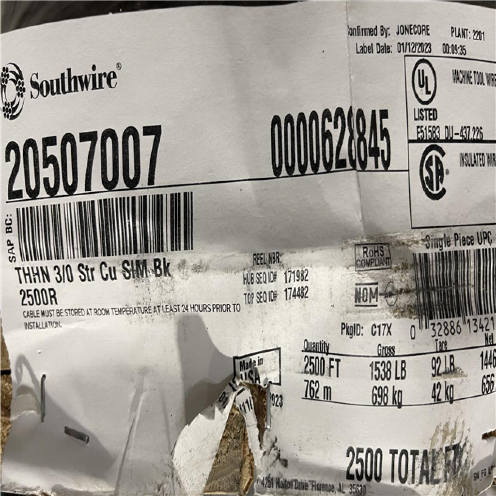 DALLAS LOCATION -  Southwire 2,500 ft. 3 Black Stranded CU SIMpull THHN Wire (SEE NOTES)