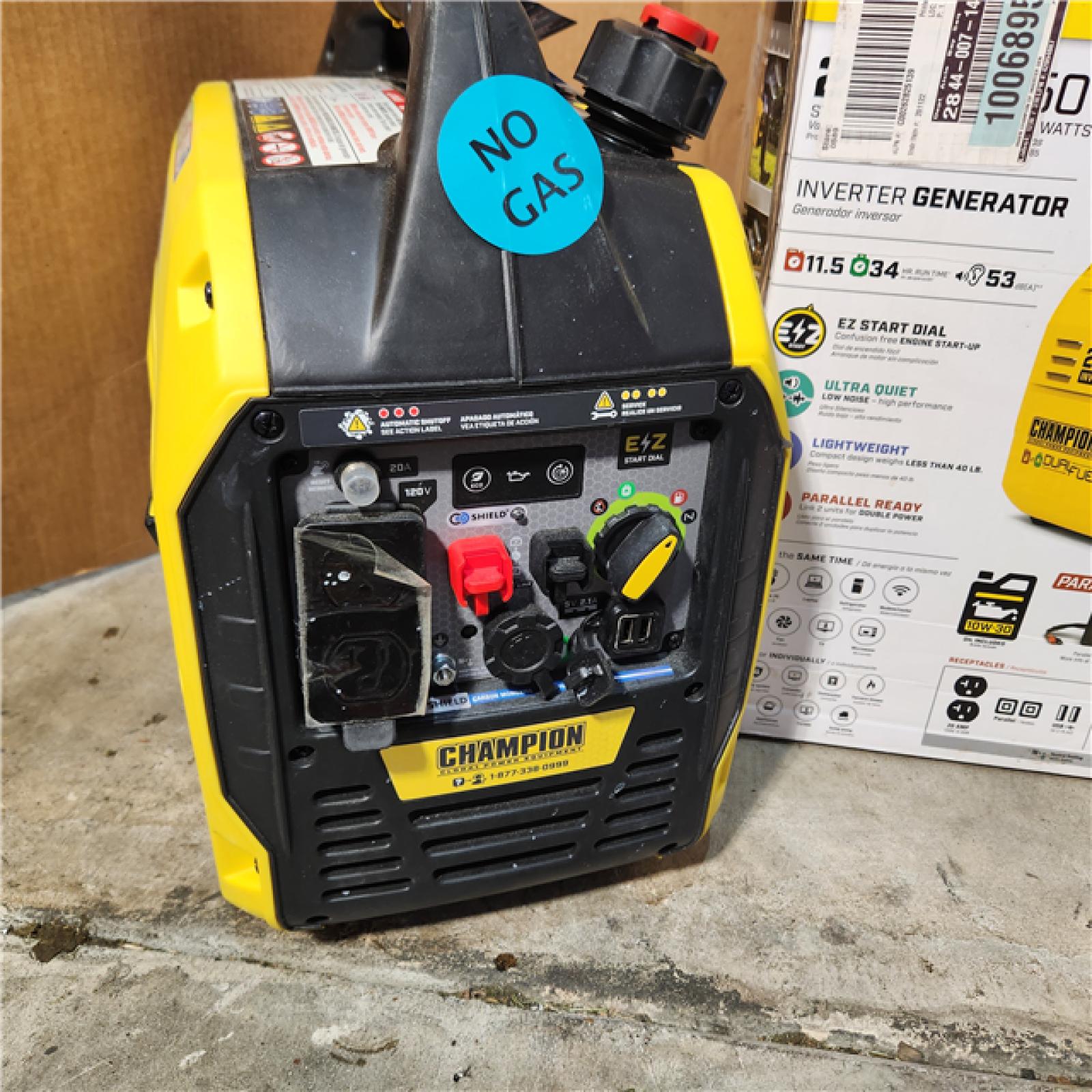 Houston Location AS-IS Champion Power Equipment 2500-Watt Recoil Start Ultra-Light Portable Gas and Propane Powered Dual Fuel Inverter Generator with CO Shield Appears Used Condition