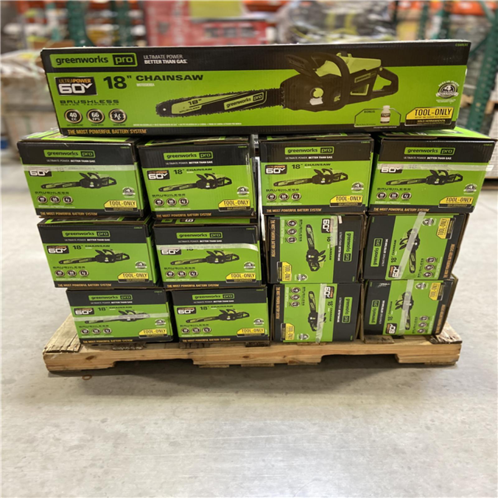 DALLAS LOCATION - Greenworks Pro Bare Tool 60-Volt Max Lithium Ion 18-Inch GEN2 Brushless Cordless Electric Chainsaw; Battery and Charger Not Included 15 (UNITS)
