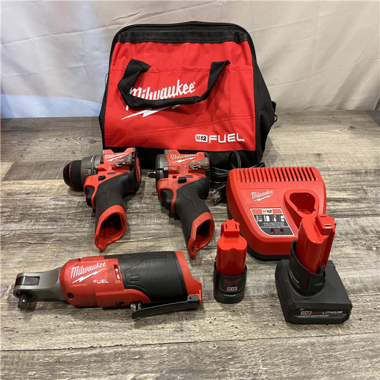 AS-IS Milwaukee FUEL 12V Lithium-Ion Cordless Drill Driver  Impact Wrench  and Ratchet Combo Kit