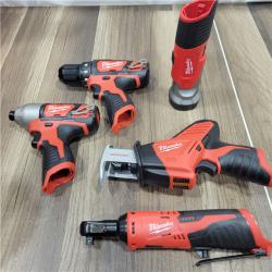 AS-IS MILWAUKEE M12 12V Lithium-Ion Cordless Combo Kit (5-Tool) with Two 1.5Ah Batteries, Charger & Tool Bag
