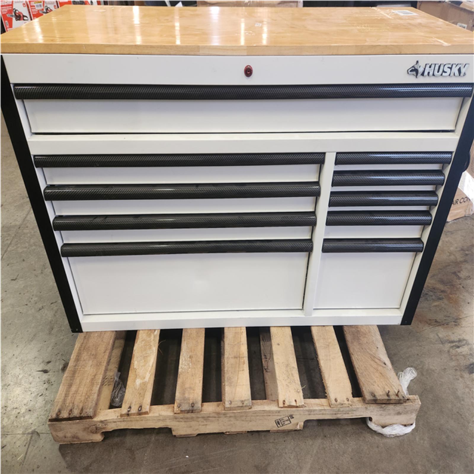 Phoenix LIKE NEW Husky Standard-Duty 52 in. W 10-Drawer Matte White w/ Carbon Fiber Trim Mobile Workbench Cabinet and Solid Wood Top