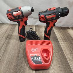 AS-IS- Milwaukee M12 Cordless Combination 3/8  Drill / Driver and 1/4  Hex Impact Driver Dual Power Tool Kit (2 Lithium Ion Batteries  Charger   and B