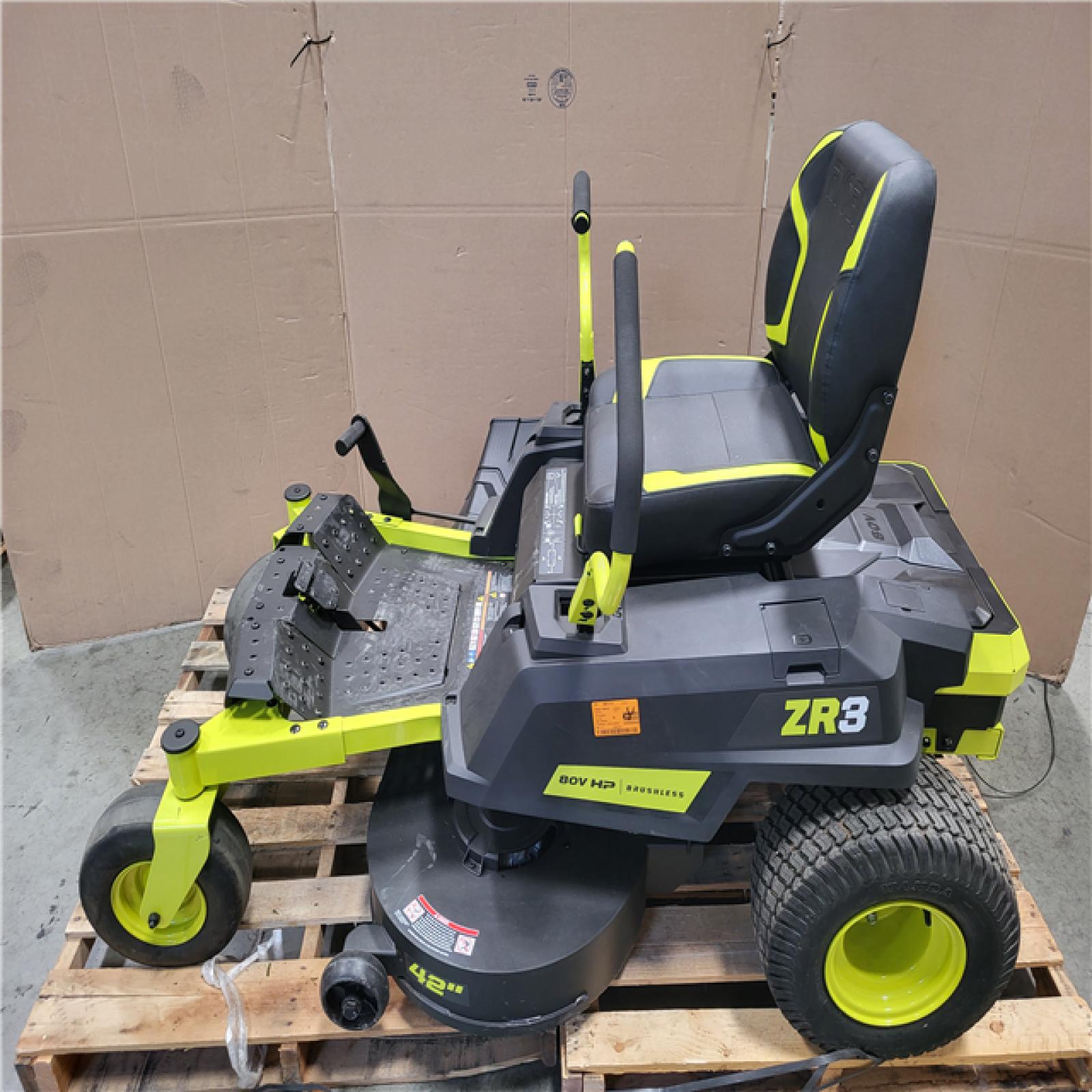 CALIFORNIA AS-IS RYOBI ZE3 80V HP BRUSHLESS BATTERY CORDLESS ELECTRIC 42 IN. ZERO TURN RIDING LAWN MOWER W TRAILER ATTACHMENT AND BAGGER