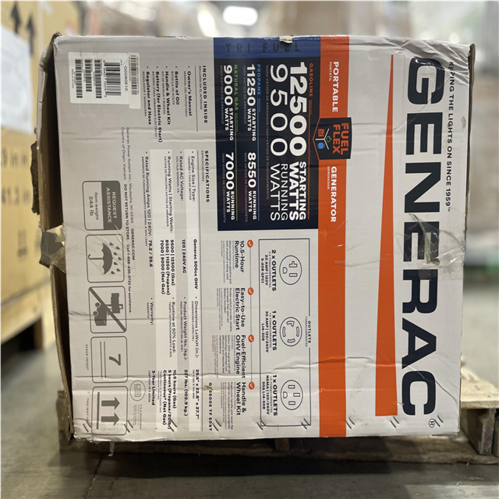 DALLAS LOCATION- AS-IS GENERAC 12 500/9500-Watt Electric Start Tri Fuel Portable Generator