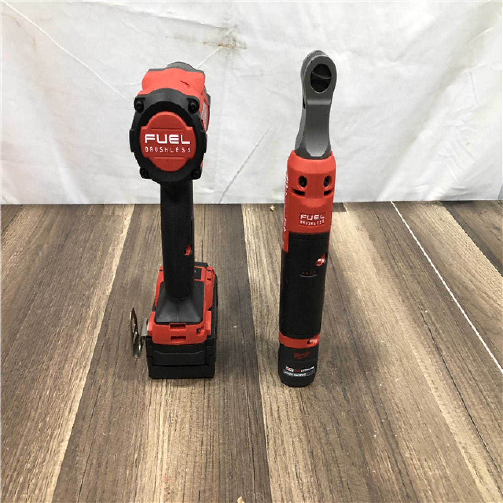 AS-IS Milwaukee FUEL 18V Cordless Mid Torque 1/2 in. Impact Wrench w/ M12 FUEL 3/8 in. Ratchet & Battery/Charger Combo Kit
