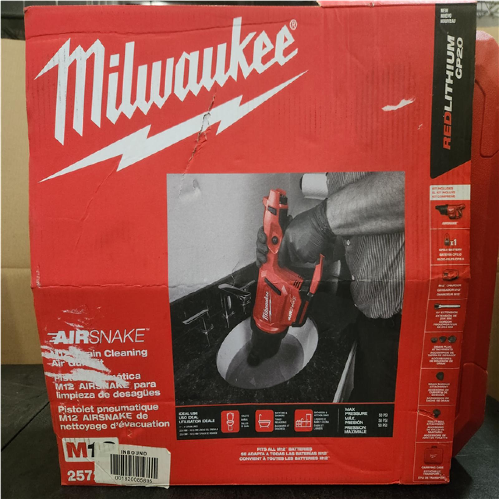Phoenix LIKE NEW Milwaukee M12 12-Volt Lithium-Ion Cordless Drain Cleaning Airsnake Air Gun Kit with (1) 2.0Ah Battery, Toilet Attachments