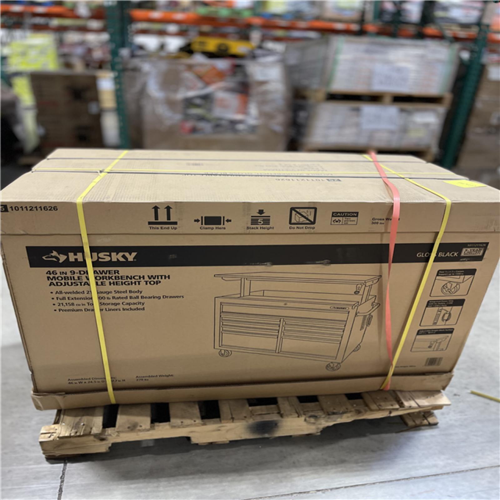 DALLAS LOCATION - Husky 46 in. x 25 in. D 9-Drawer Mobile Workbench with Adjustable Height Wood Top in Gloss Black