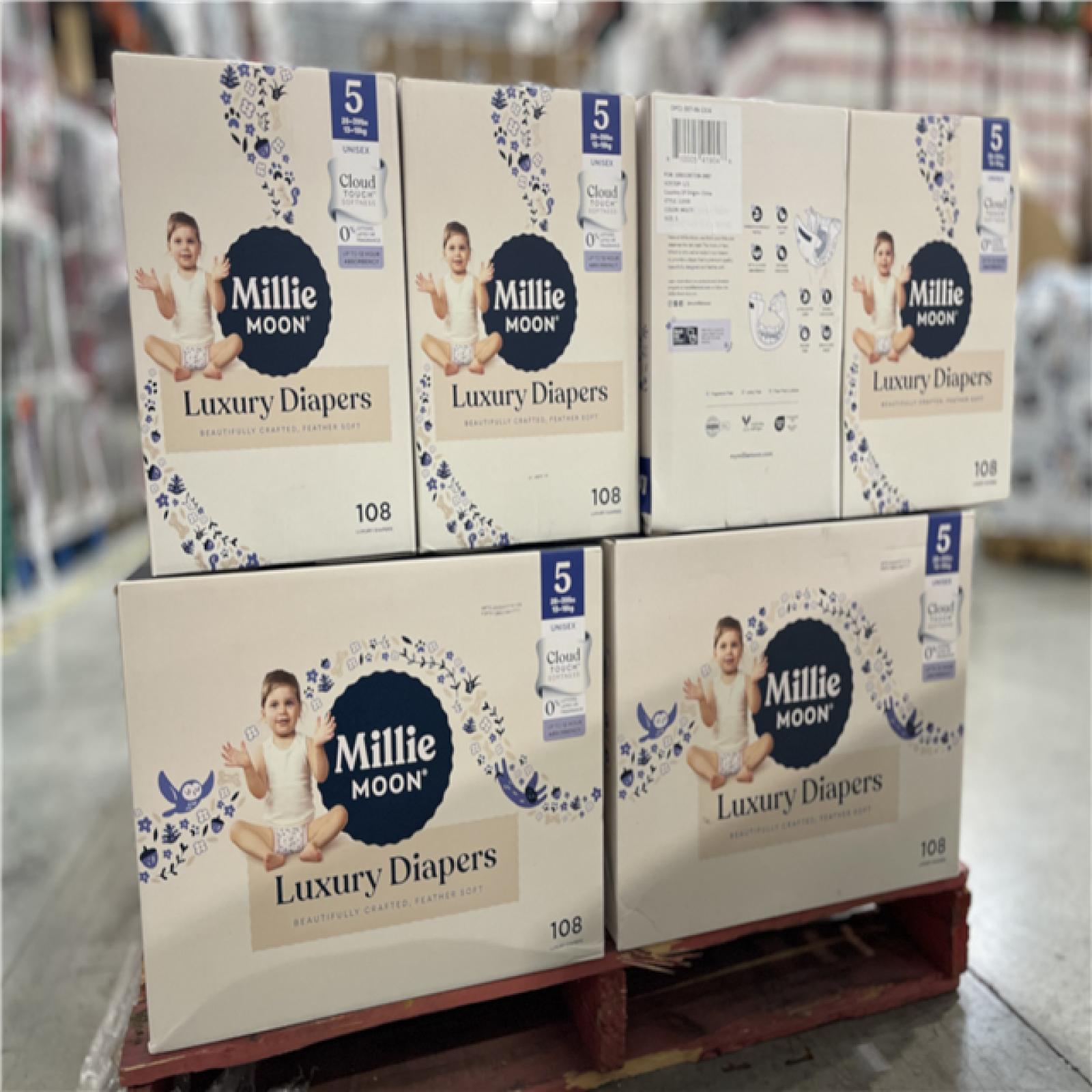 DALLAS LOCATION - Millie Moon Luxury Disposable Diapers - Size 5 - 108ct PALLET-(20 CASES)