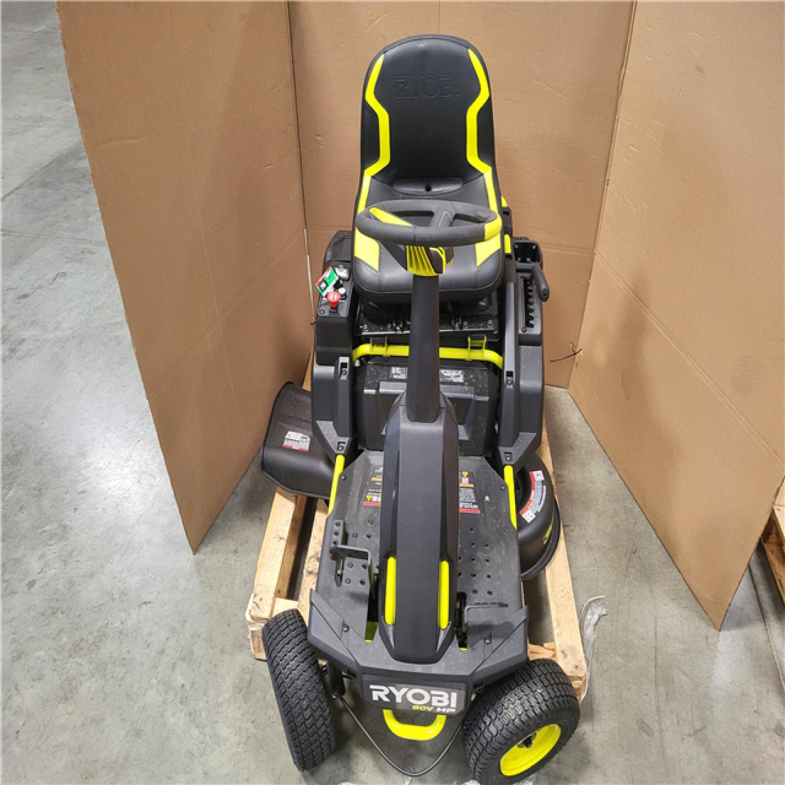 CALIFORNIA AS-IS RYOBI R1 80 HP BRUSHLESS LITHIUM BATTERY CORLESS ELETRIC 30 IN. RIDING LAWN MOWER W/ CHARGER