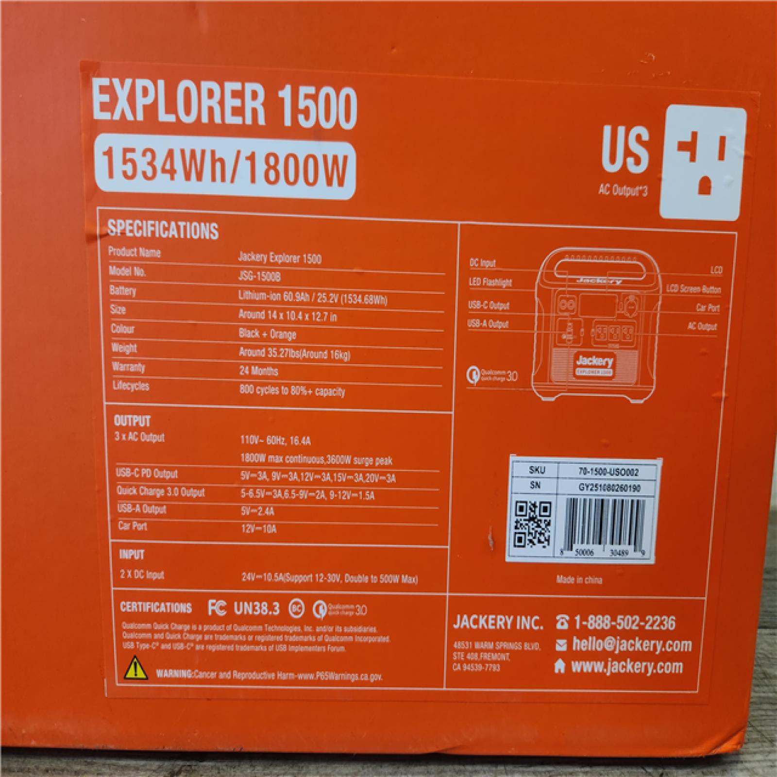 Phoenix NEW Jackery Solar Generator Explorer 1500 1534Wh/1800W  Model No.JSG-1500B (SEALED)