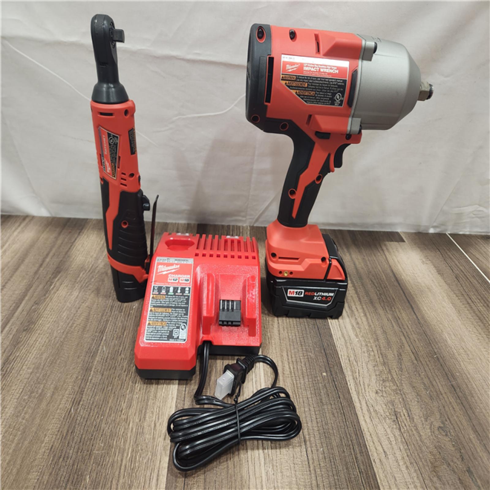 AS-IS- Milwaukee M12/M18 12/18V Lithium-Ion Cordless 3/8 in. Ratchet and 1/2 in. High Torque Impact Wrench with Friction Ring Combo Kit