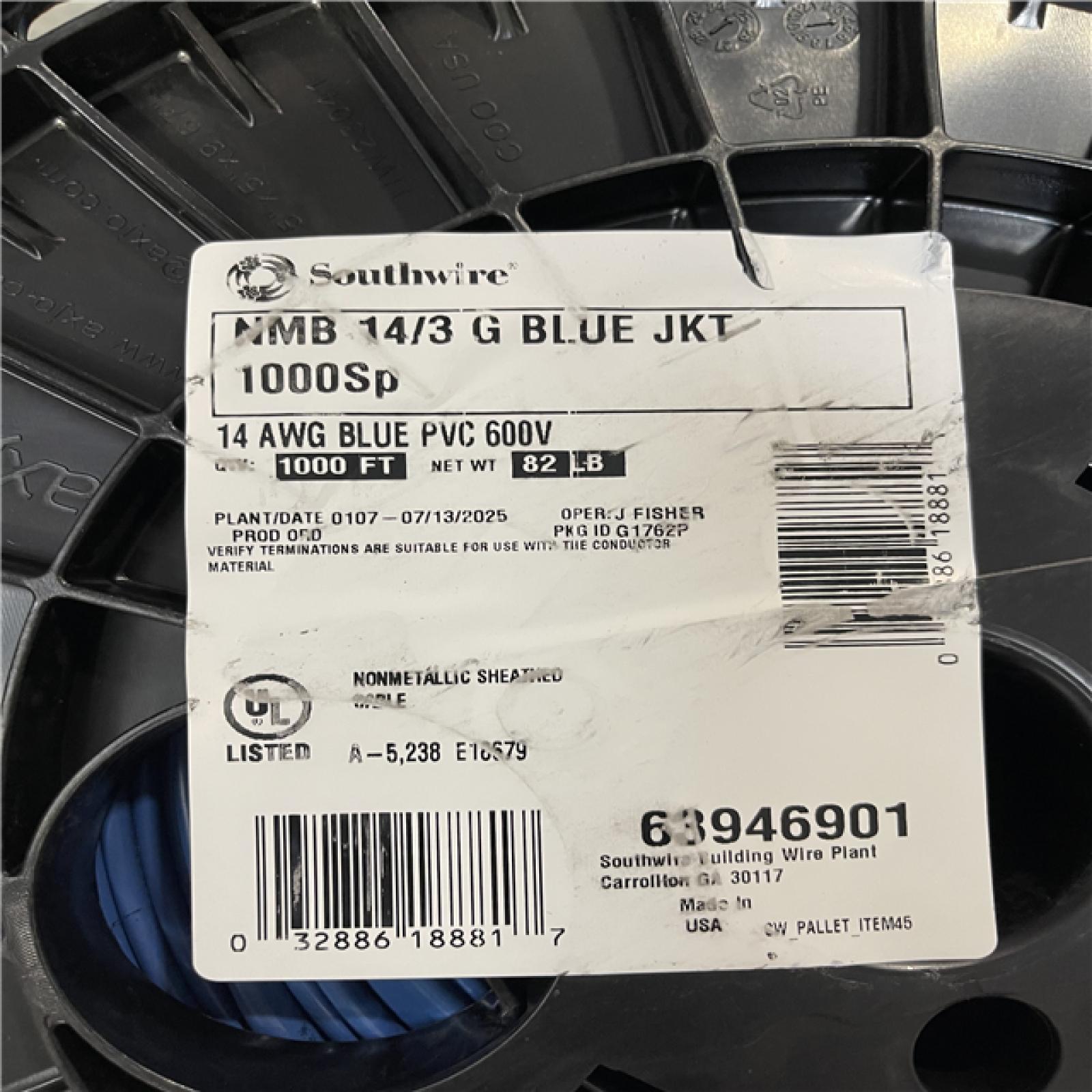 DALLAS LOCATION - SOUTHWIRE NMB 14/3 G BLUE JKT 1 000SP PALLET-(3 SPOOLS)