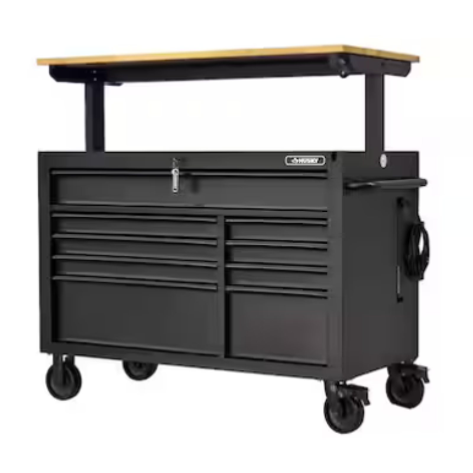 DALLAS LOCATION- AS-IS HUSKY 52 in. W x 25 in. D Heavy Duty 9-Drawer Mobile Workbench Cabinet with Adjustable-Height Hardwood Top in Matte Black