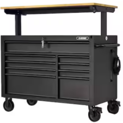 DALLAS LOCATION- AS-IS HUSKY 52 in. W x 25 in. D Heavy Duty 9-Drawer Mobile Workbench Cabinet with Adjustable-Height Hardwood Top in Matte Black