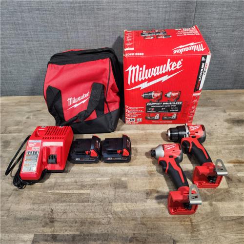 HOUSTON LOCATION - AS-IS Milwaukee M18 18V Lithium-Ion Brushless Cordless Compact Drill/Impact Combo Kit (2-Tool) W/(2) 2.0 Ah Batteries  Charger & Bag