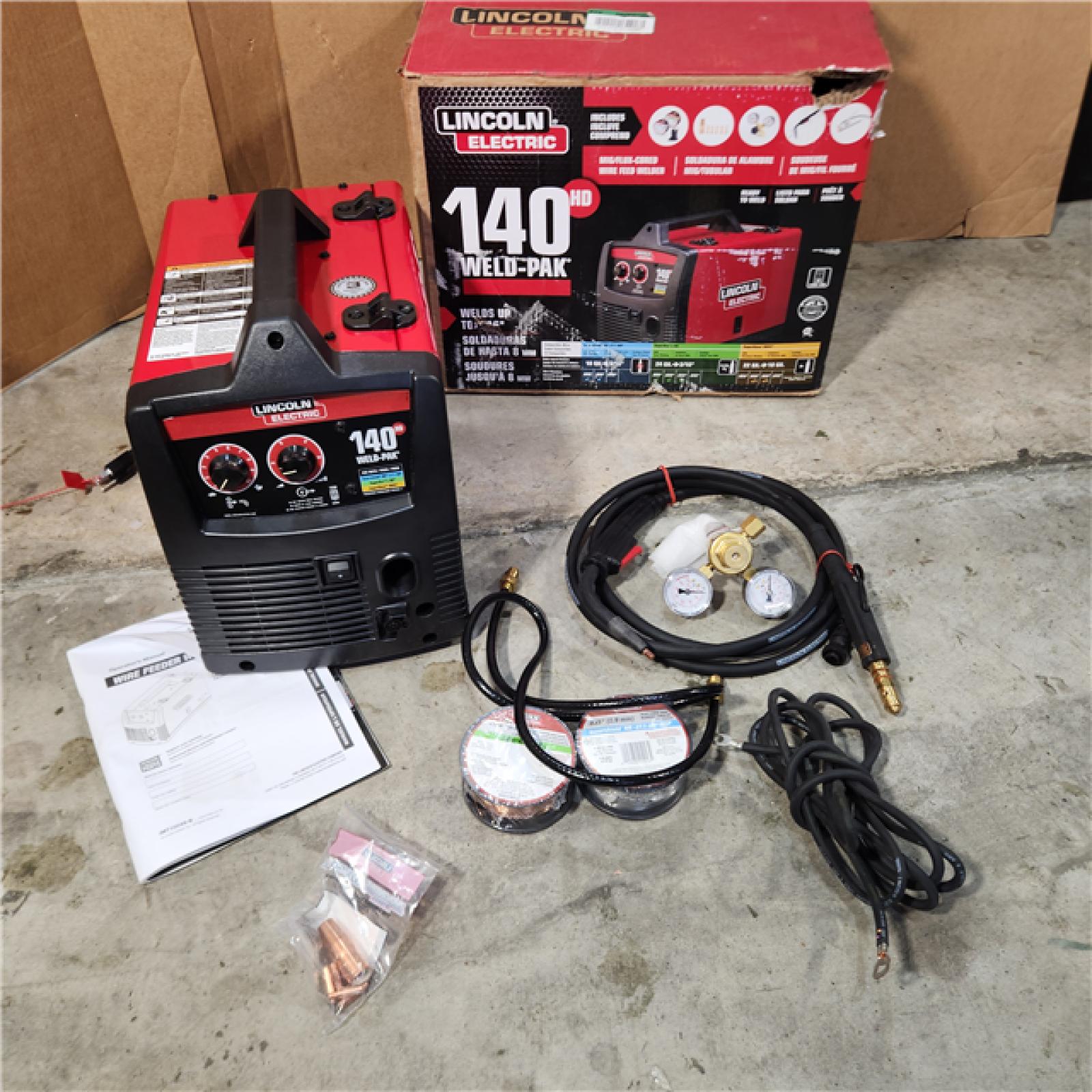 Houston Location -  AS-IS Lincoln Electric Weld-Pak 140 Amp MIG and Flux-Core Wire Feed Welder, 115V, Aluminum Welder with Spool Gun Sold Separately (NO GROUND CLAMPS) Appears good condition