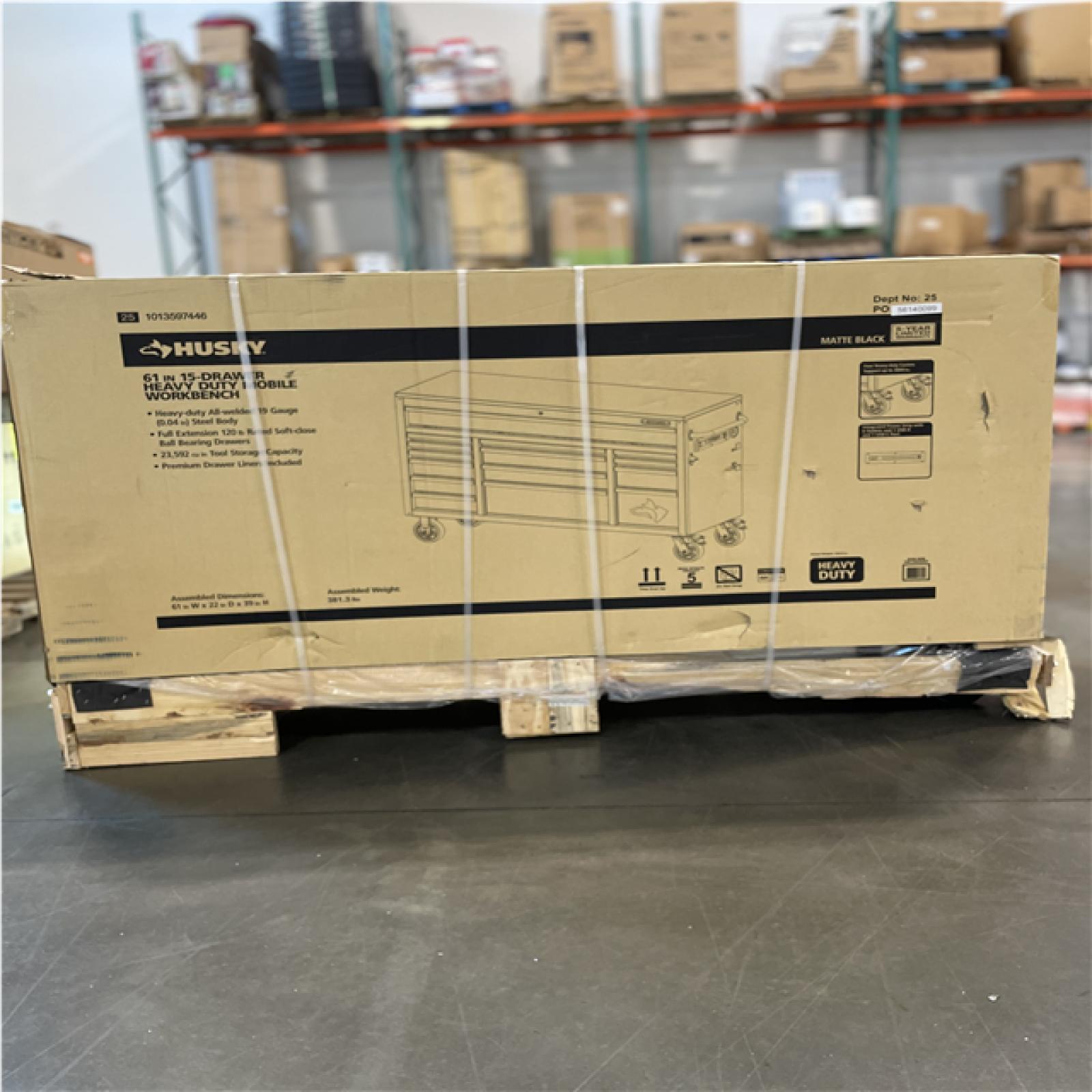 DALLAS LOCATION- AS-IS HUSKY Heavy Duty 61 in. W x 22 in. D 15-Drawer MOBILE WORKBENCH MATTE BLACK/WOODTOP