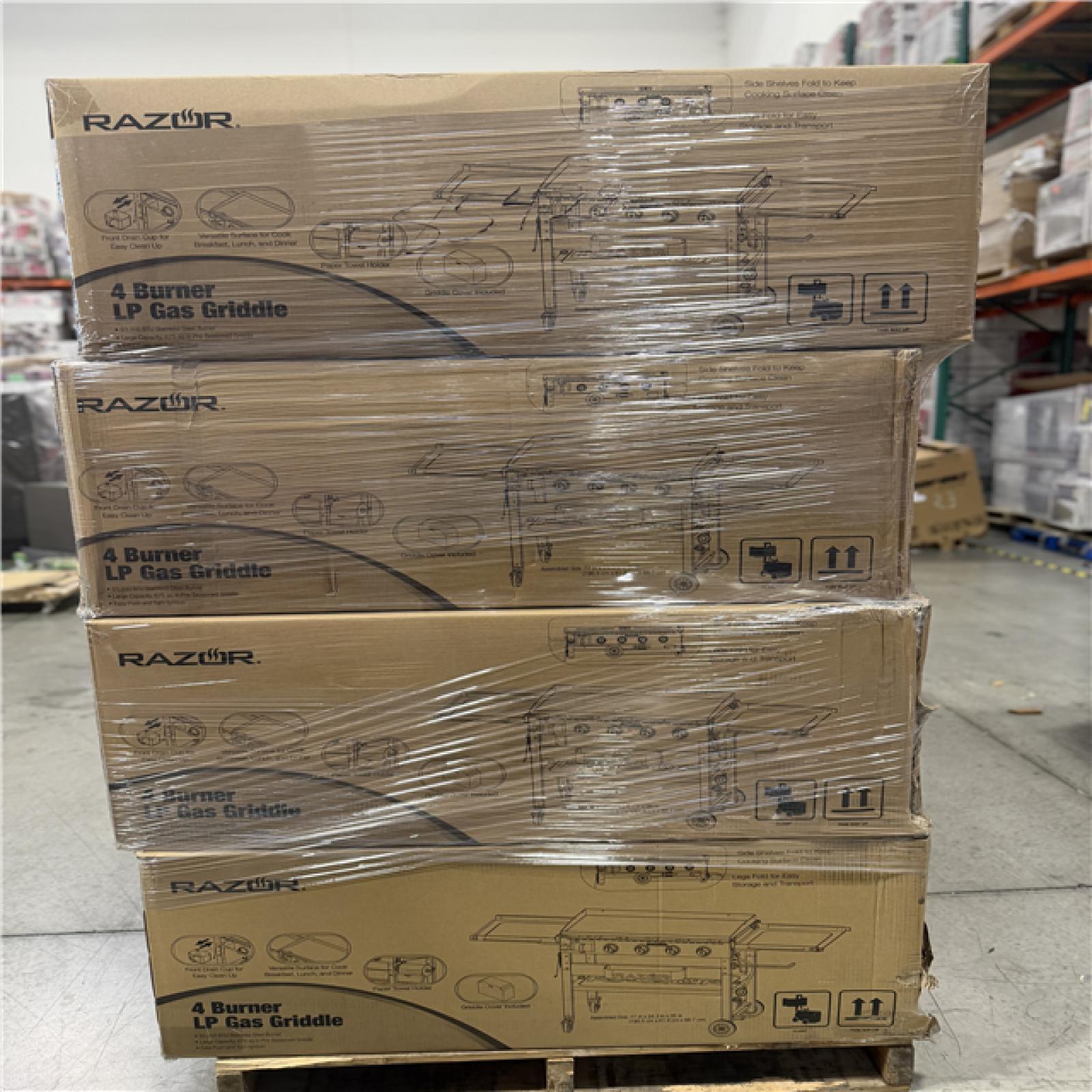 DALLAS LOCATION - Razor 37 in. 4-Burner Portable Propane Gas Griddle Flat Top Grill in Black with Foldable Shelves and Cover PALLET- (8 UNITS)