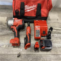 AS-IS Milwaukee 12/18V Lithium-Ion Cordless 3/8 in. Ratchet and 1/2 in. High Torque Impact Wrench with Friction Ring Combo Kit