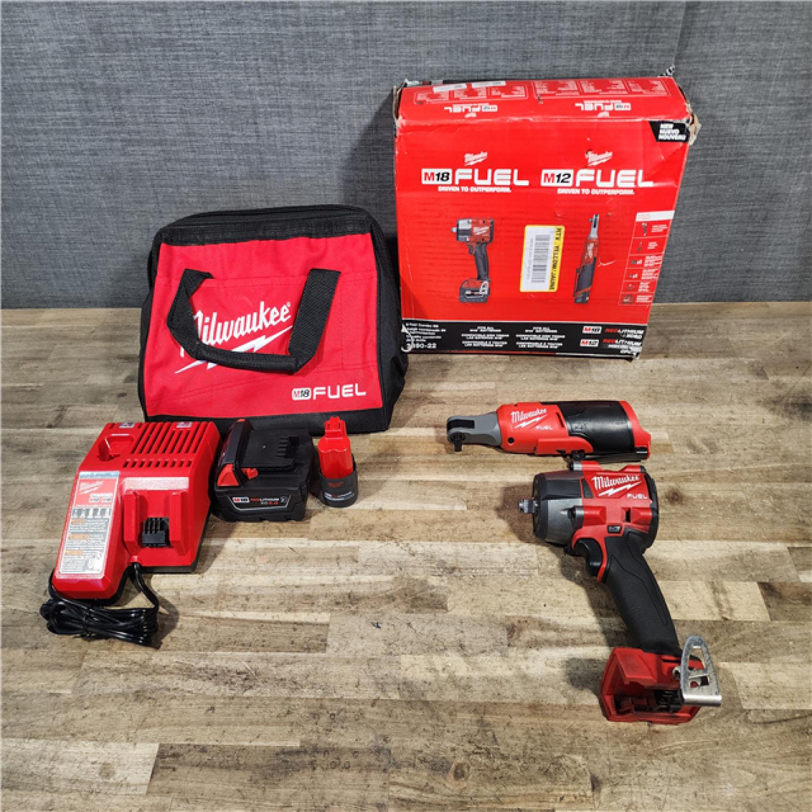 HOUSTON LOCATION - AS-IS Milwaukee FUEL 18V Cordless Mid Torque 1/2 in. Impact Wrench w/ M12 FUEL 3/8 in. Ratchet & Battery/Charger Combo Kit