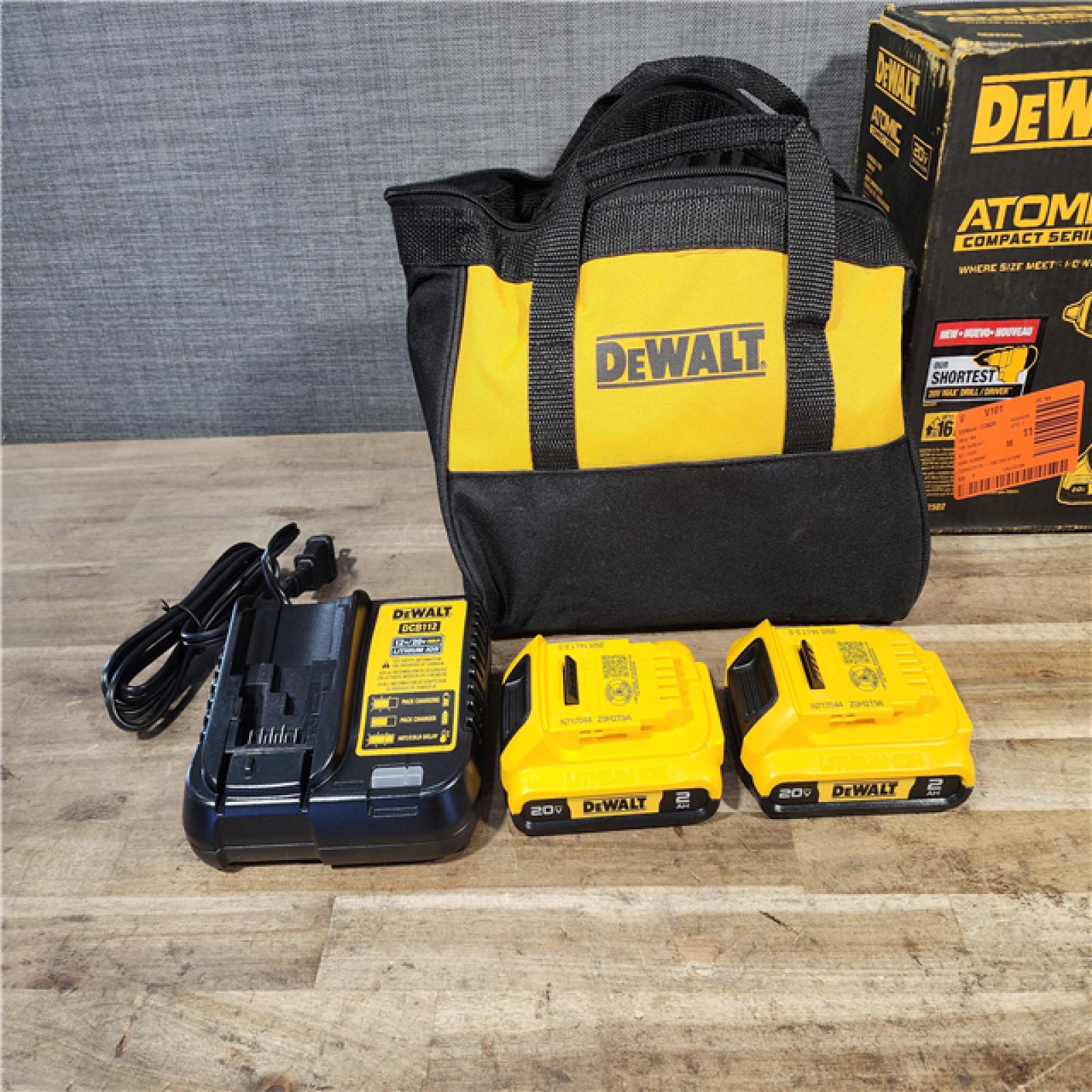 HOUSTON LOCATION - AS-IS Dewalt DCK225D2 20V MAX ATOMIC Brushless Compact Lithium-Ion 1/2 in. Cordless Drill Driver and 1/4 in. Impact Driver Combo Kit with 2 Batteries 2 Ah
