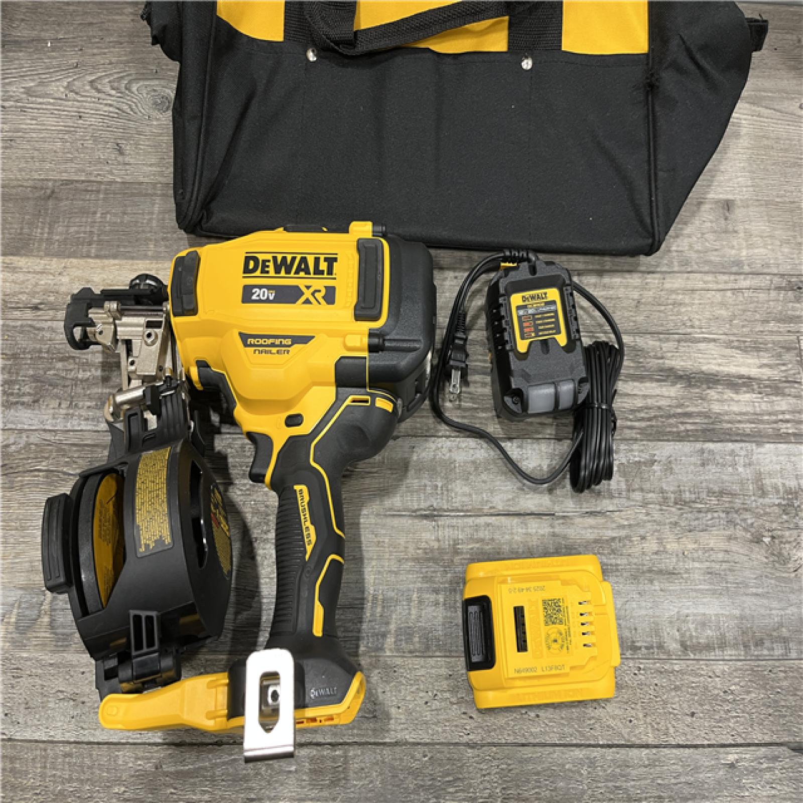 AS-IS DEWALT 20V MAX Lithium-Ion 15-Degree Electric Cordless Roofing Nailer Kit