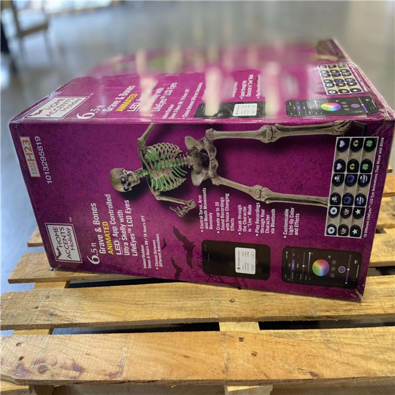 DALLAS LOCATION - Home Accents Holiday 6.5 ft. Grave & Bones Animated LED App Controlled Ultra Skelly with LifeEyes LCD Eyes H23