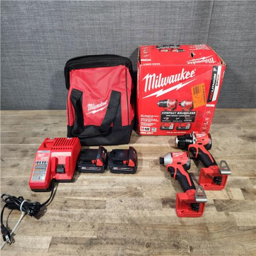 HOUSTON LOCATION - AS-IS Milwaukee M18 18V Lithium-Ion Brushless Cordless Compact Drill/Impact Combo Kit (2-Tool) W/(2) 2.0 Ah Batteries  Charger & Bag