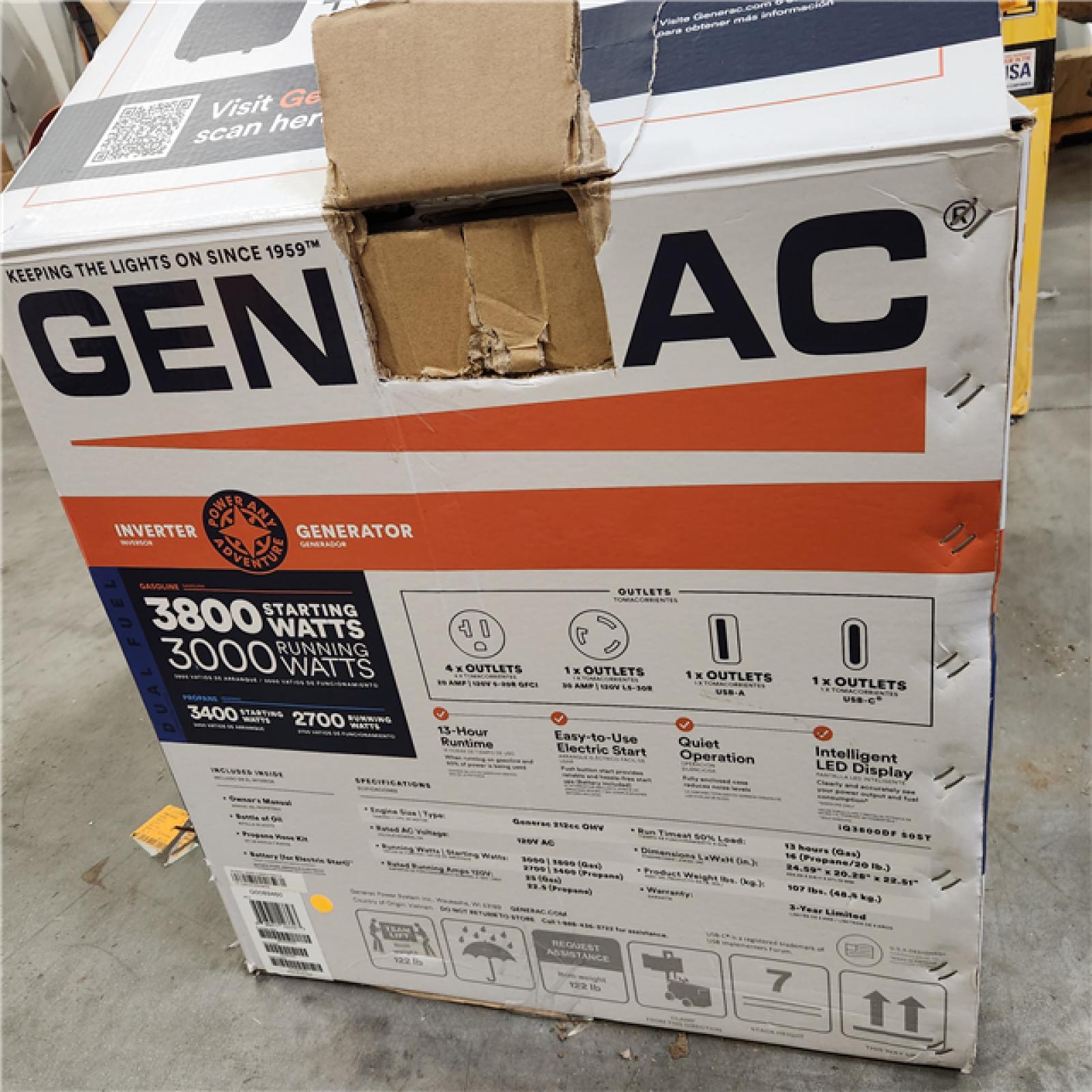 Dallas Location - As-IsGenerac iQ3800 DF - 3000 Watt Generator