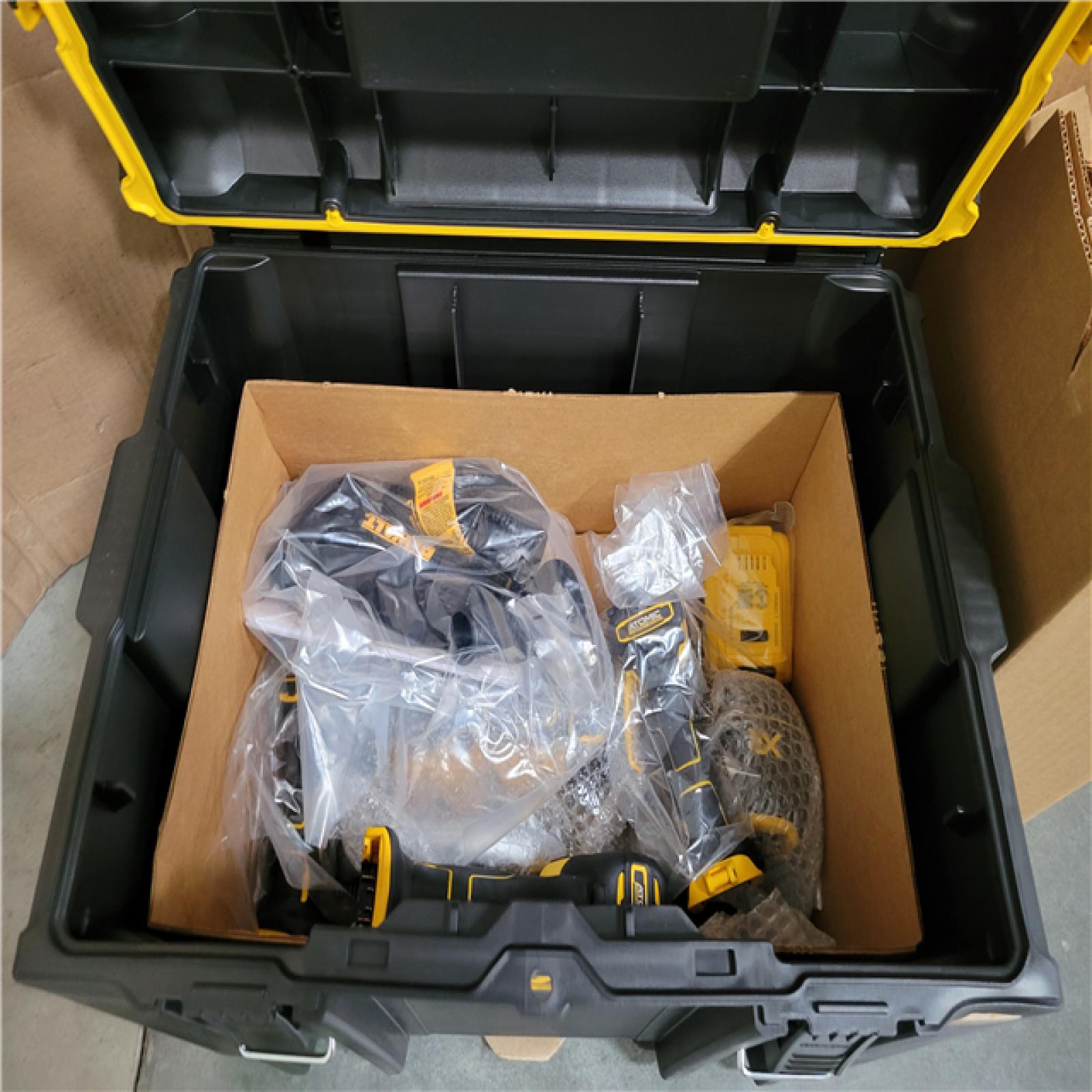 California AS-IS DeWalt 6-Tool Combo Kit  Includes (2) Batteries  (No Charger) and Toughsystem Modular Tool Box