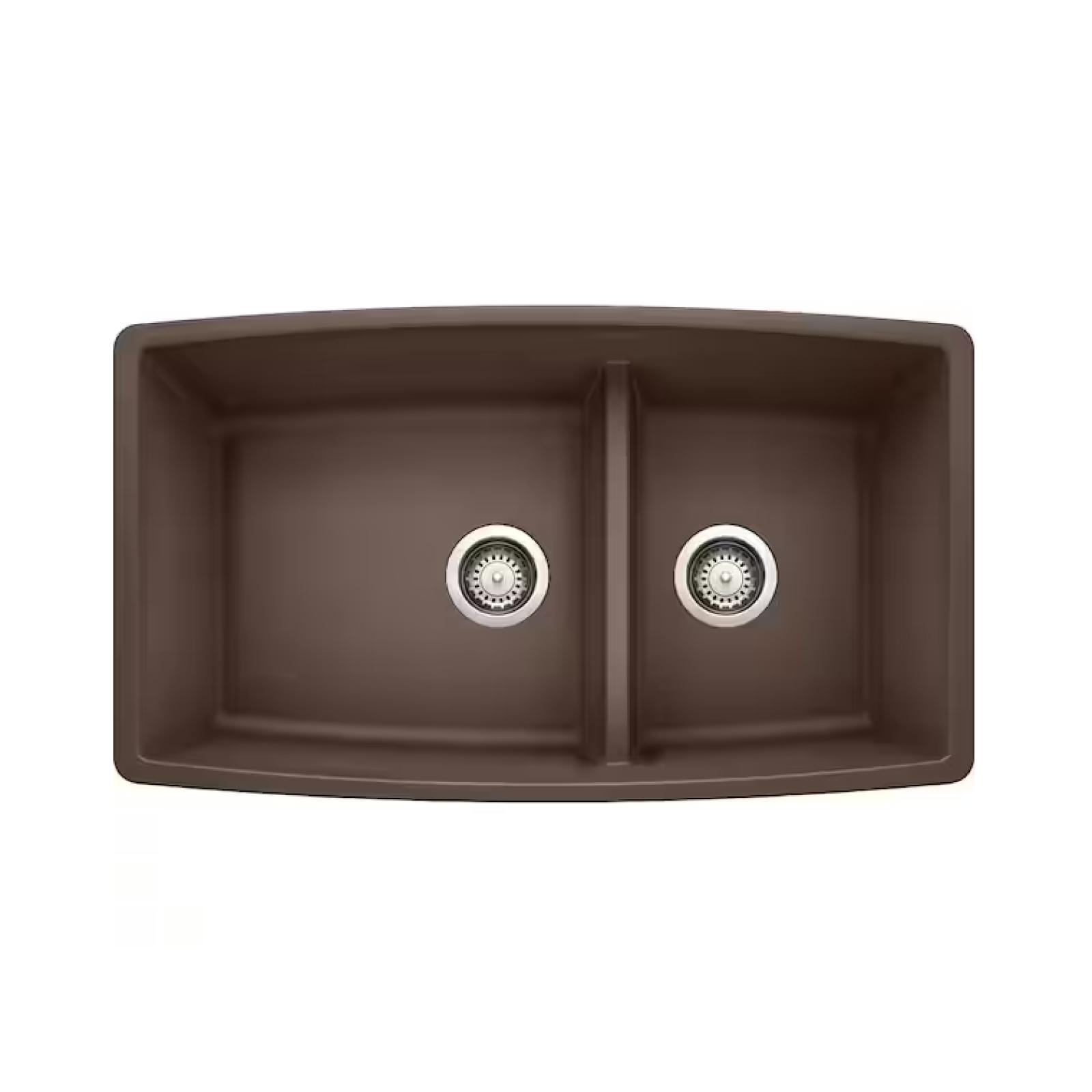 DALLAS LOCATION- AS-IS Blanco Performa SILGRANIT Brown Granite Composite 33 in. Double Bowl Undermount Kitchen Sink with Low Divide PALLE-(2 UNITS)