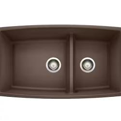 DALLAS LOCATION- AS-IS Blanco Performa SILGRANIT Brown Granite Composite 33 in. Double Bowl Undermount Kitchen Sink with Low Divide PALLE-(2 UNITS)
