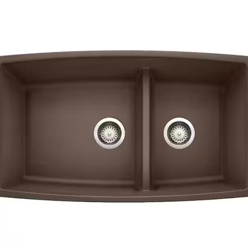 DALLAS LOCATION- AS-IS Blanco Performa SILGRANIT Brown Granite Composite 33 in. Double Bowl Undermount Kitchen Sink with Low Divide PALLE-(2 UNITS)