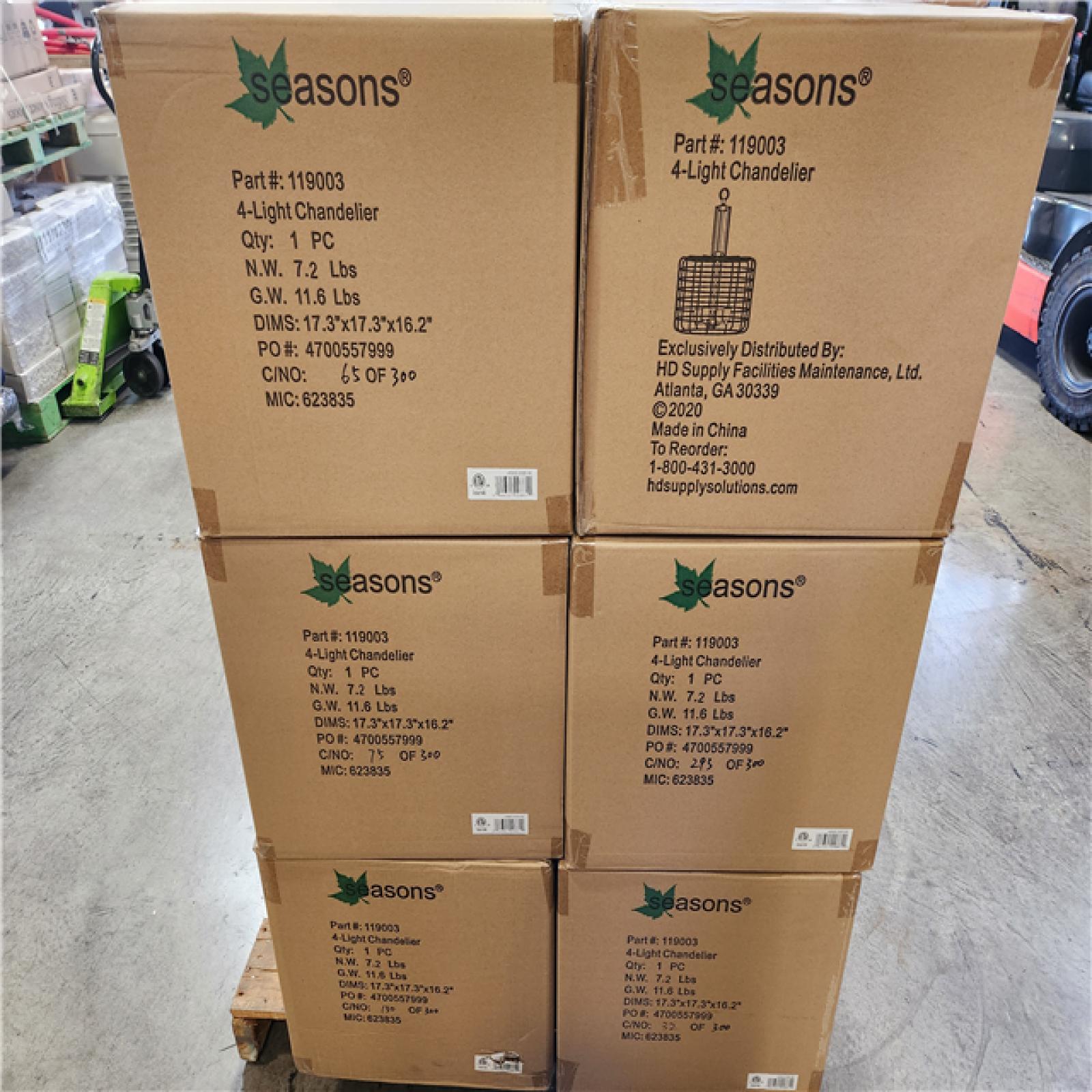 Phoenix Location NEW Seasons 4-Light Chandelier Part#: 1190003 Pallet (18 Total) (Sealed)