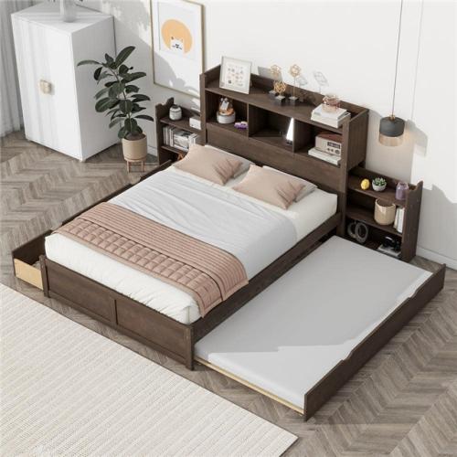 Phoenix NEW Harper & Bright Designs Espresso (Brown) Wood Frame Full Size Platform Bed with Storage Headboard  Pull-Out Shelves  Trundle  2-Drawer USB Ports