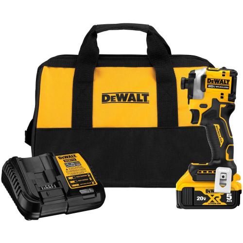 AS-IS DEWALT ATOMIC 20V MAX Lithium-Ion Cordless 1/4 in. Brushless Impact Driver Kit, 5 Ah Battery, Charger, and Bag