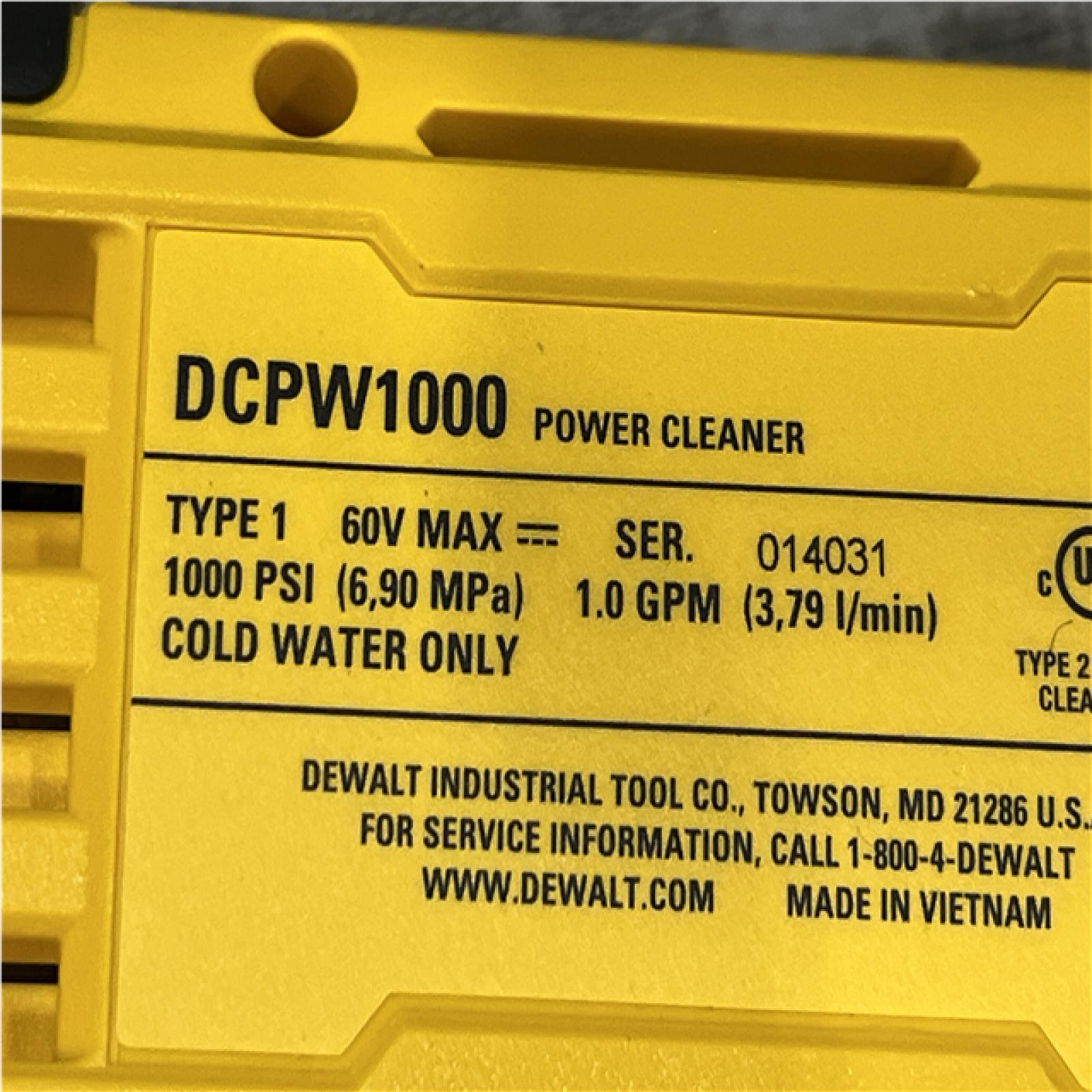 AS-IS DEWALT FLEXVOLT 60V MAX 1000 PSI 1.0 GPM Cold Water Cordless Power Cleaner (Tool Only)