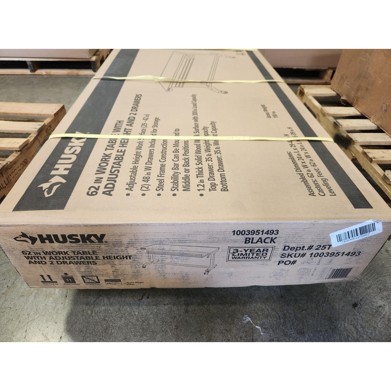 Phoenix NEW Husky 62 in. W x 24 in. D 2-Drawer Adjustable Height Black Workbench Table with Solid Wood Top (SEALED)