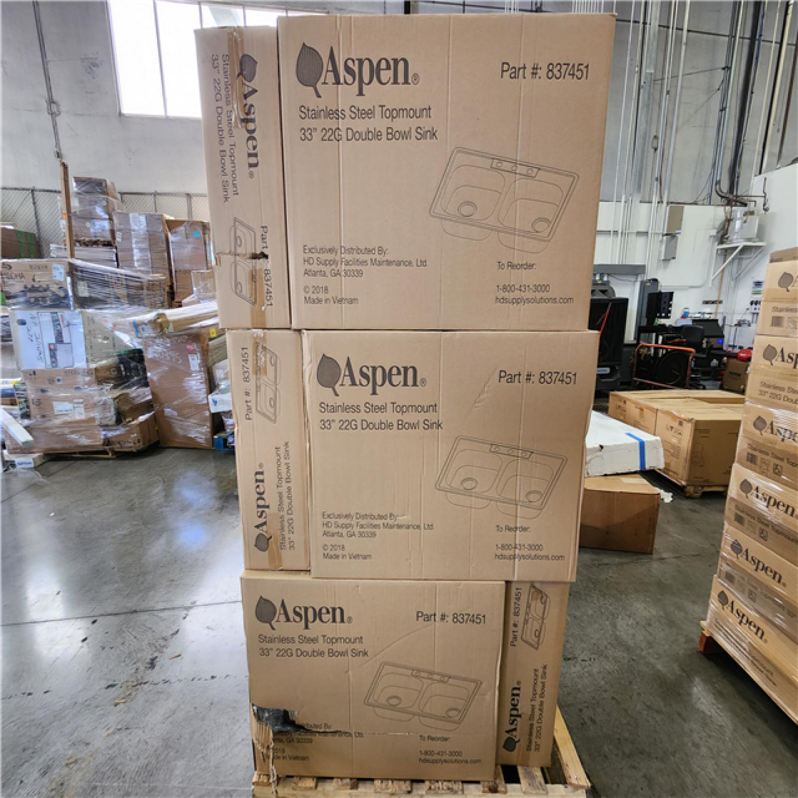 Phoenix Location NEW Aspen Stainless Steel Top mount 33 22G Double Bowl Sink Pallet (15 Sinks)
