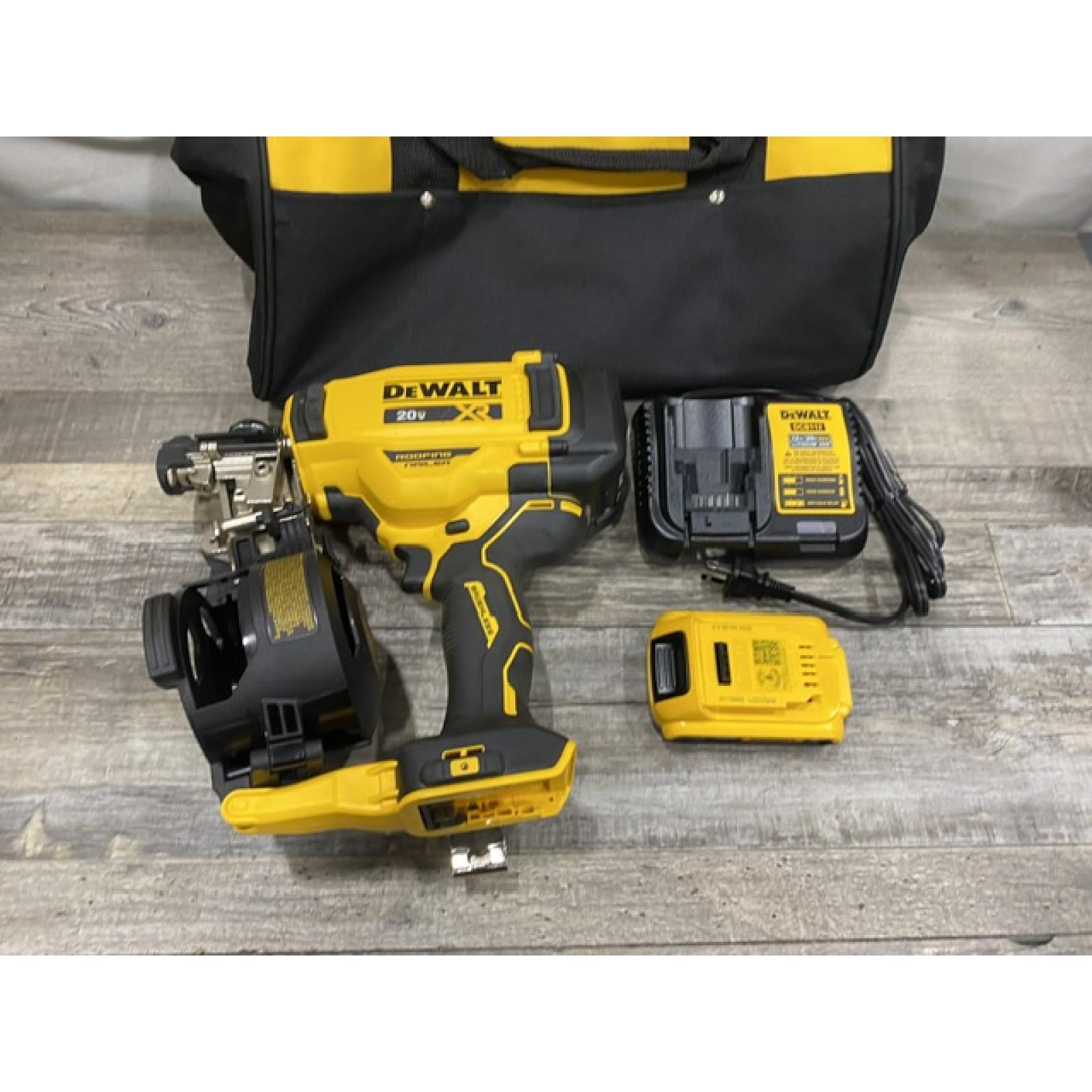 AS-IS DEWALT 20V MAX Lithium-Ion 15-Degree Electric Cordless Roofing Nailer Kit
