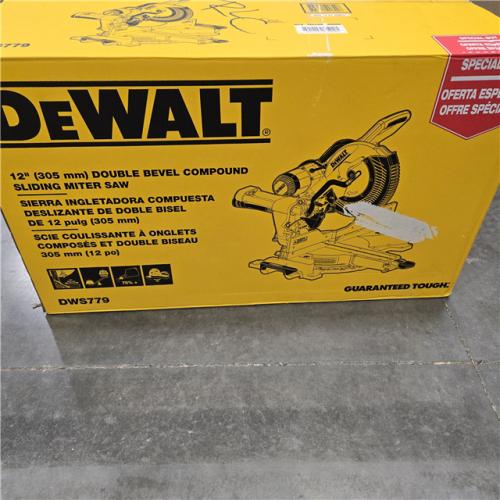 LIKE NEW- DEWALT 15 Amp Corded 12 in. Double Bevel Sliding Compound Miter Saw, Blade Wrench and Material Clamp