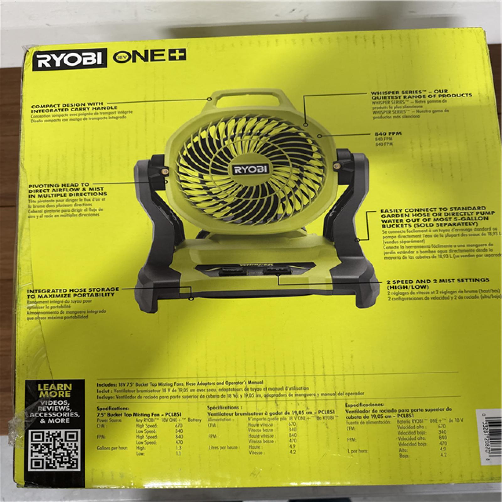 California NEW Ryobi One+ 18V 7.5 Bucket Top Misting Fan (Tool Only)