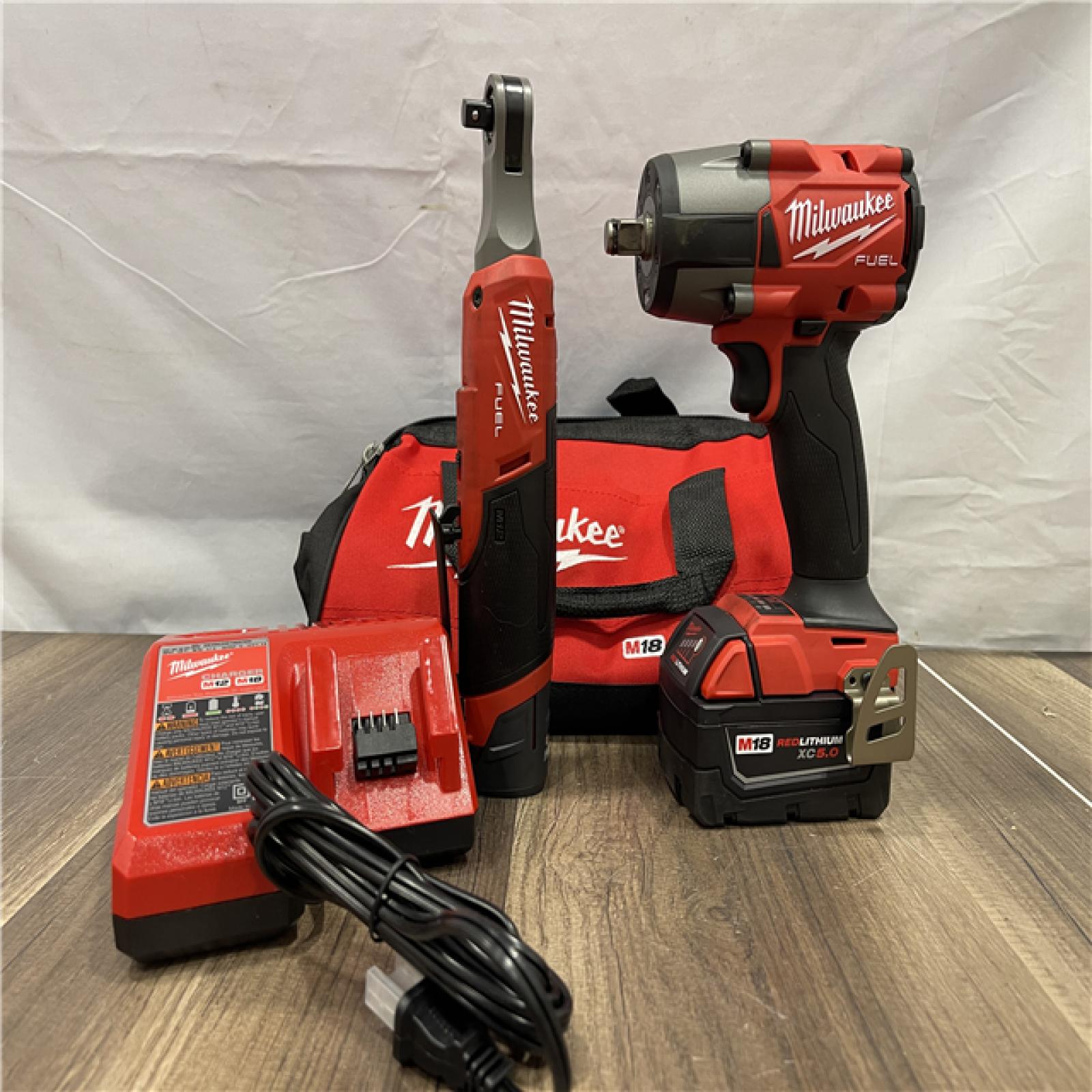 AS-IS Milwaukee  FUEL 18V Cordless Mid Torque 1/2 in. Impact Wrench w/ M12 FUEL 3/8 in. Ratchet & Battery/Charger Combo Kit