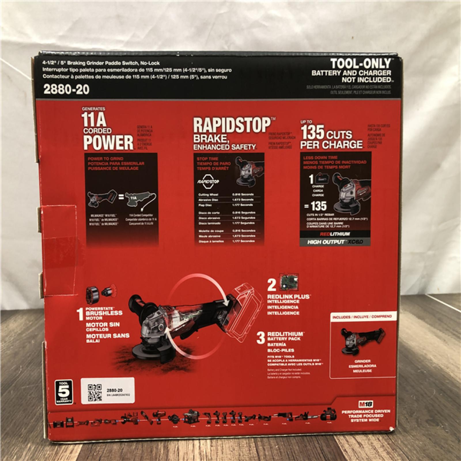 NEW- Milwaukee FUEL 18V Lithium-Ion Brushless Cordless 4-1/2 in./5 in. Grinder w/Paddle Switch (Tool-Only)